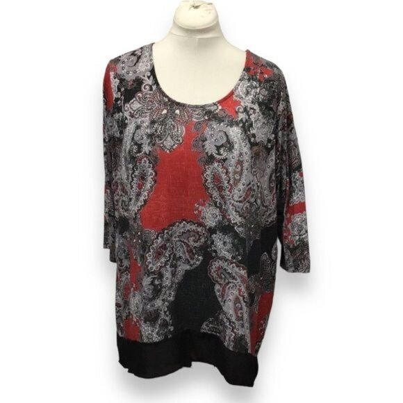 Catherine’s Women’s 3/4 Sleeve Scoop Neck Criss Cross Paisley Tunic, sz 0X - Picture 1 of 9
